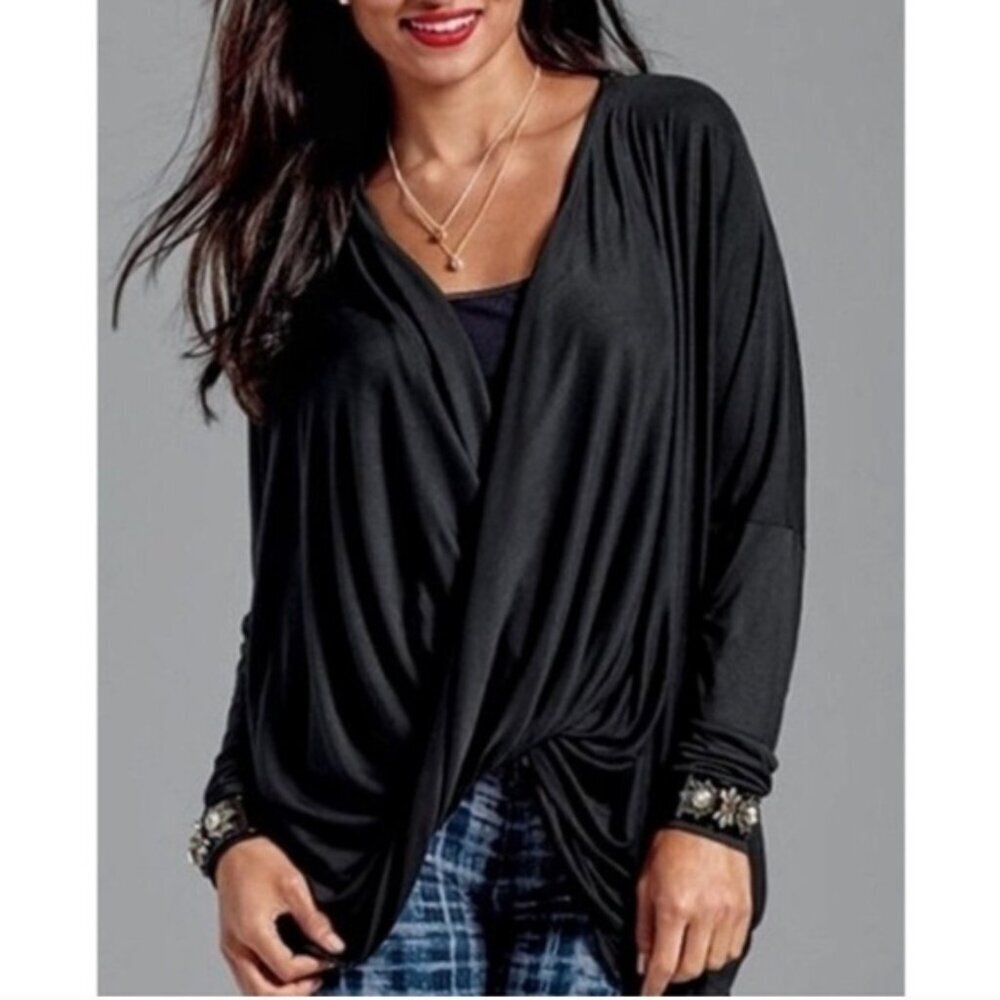 CABI BLACK TWIST TAYLOR LONG SLEEVE V-NECK TOP #3119